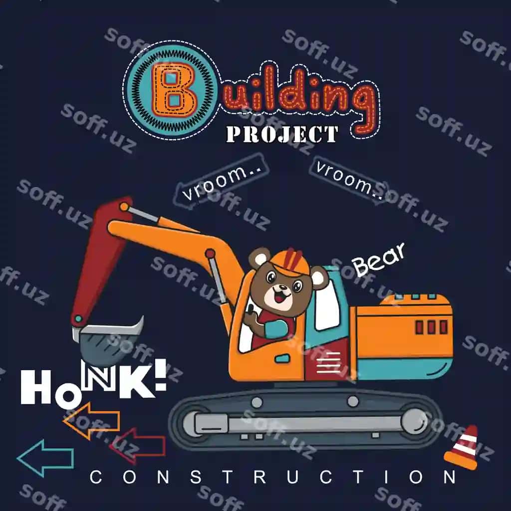 Ayiq tasvirlangan ko‘k plakatda bino qurilishi yozilgan | Blue poster with bear it that says building construction