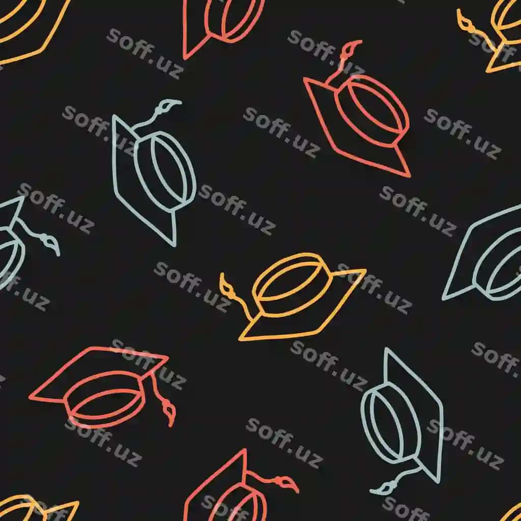 Rangli bitiruv shlyapa qora fon bilan choksiz naqsh | Seamless pattern with colorful graduation hat black background