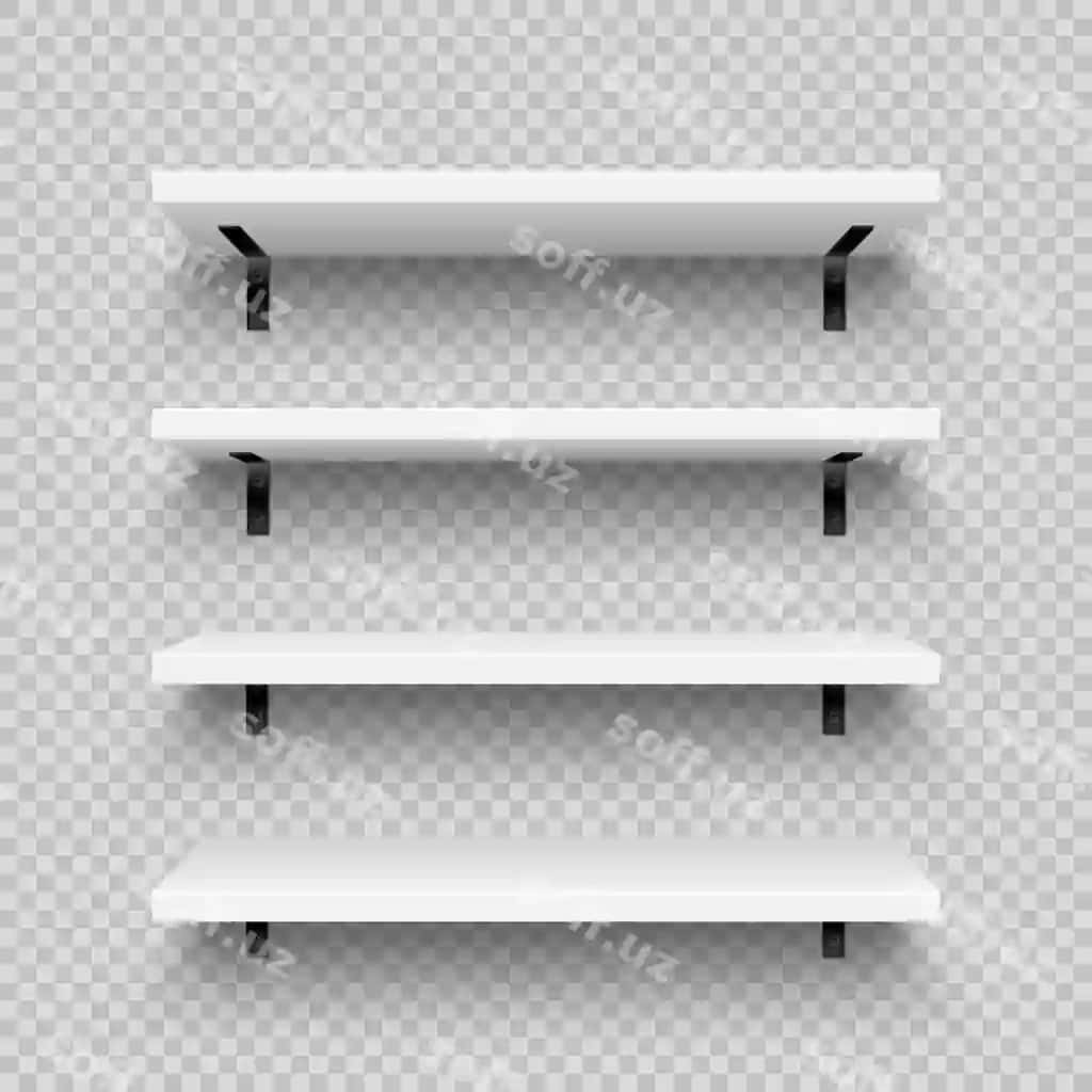 Devorga o'rnatiladigan bo'sh mahsulot javoni bilan haqiqiy oq do'kon javonlari | Realistic white store shelves with wall mount empty product shelf