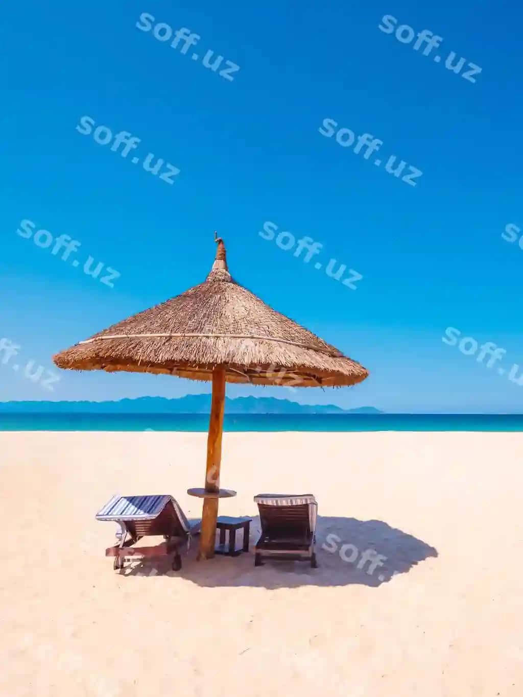 Okeyga yondi hasharotli sochliq sochli stullar bilan | Luxury beach with umbrella chairs near ocean