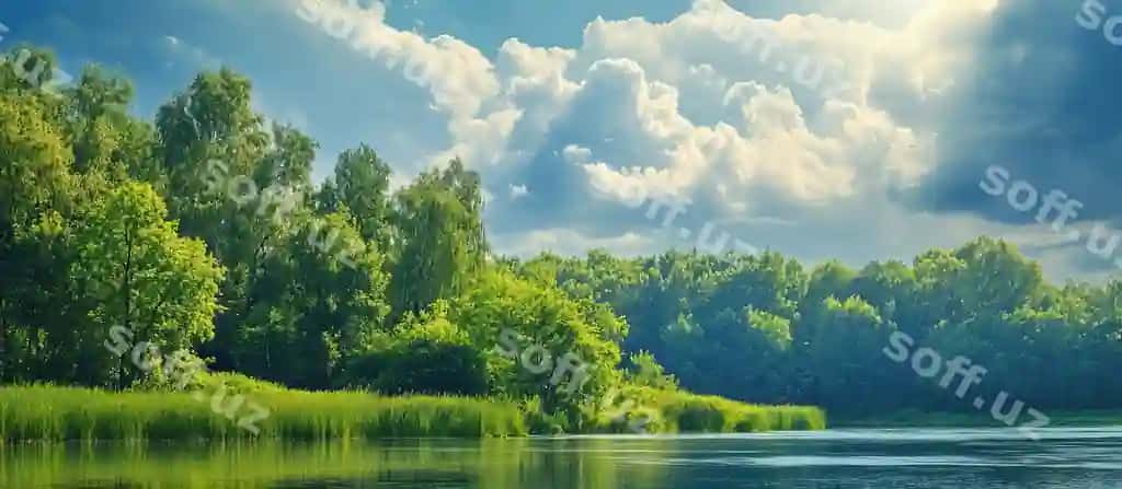 Tinch darya manzarası boyoq yashilliklar va dramatik bulutlar bilan | Tranquil river scene with lush greenery dramatic clouds