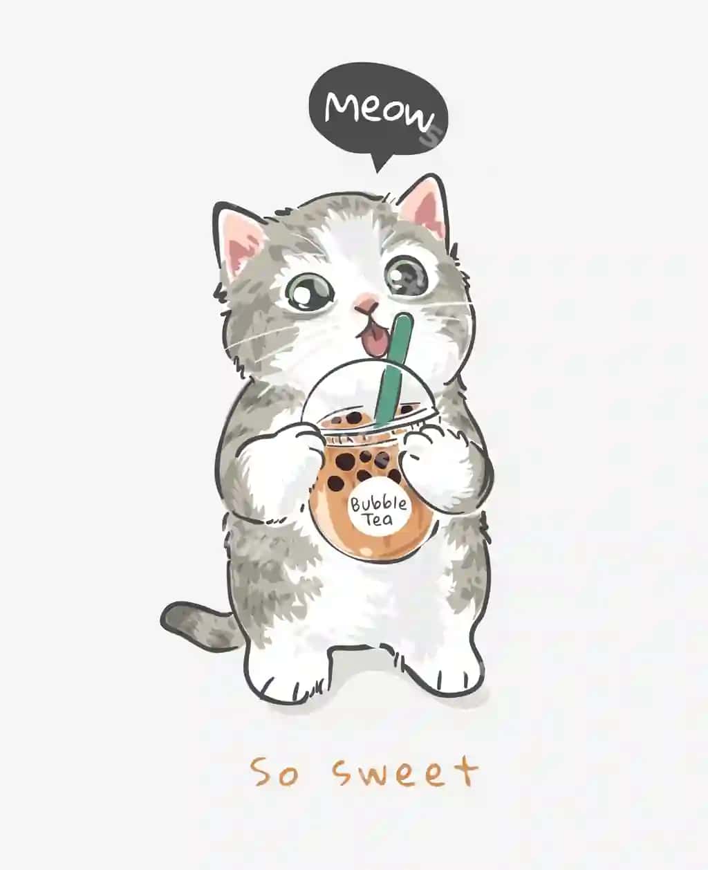 Chiroyli karykatur buzoq choy qoshi koppasini tutgan illustratsiya | Cute cartoon kitten holding bubble tea cup illustration