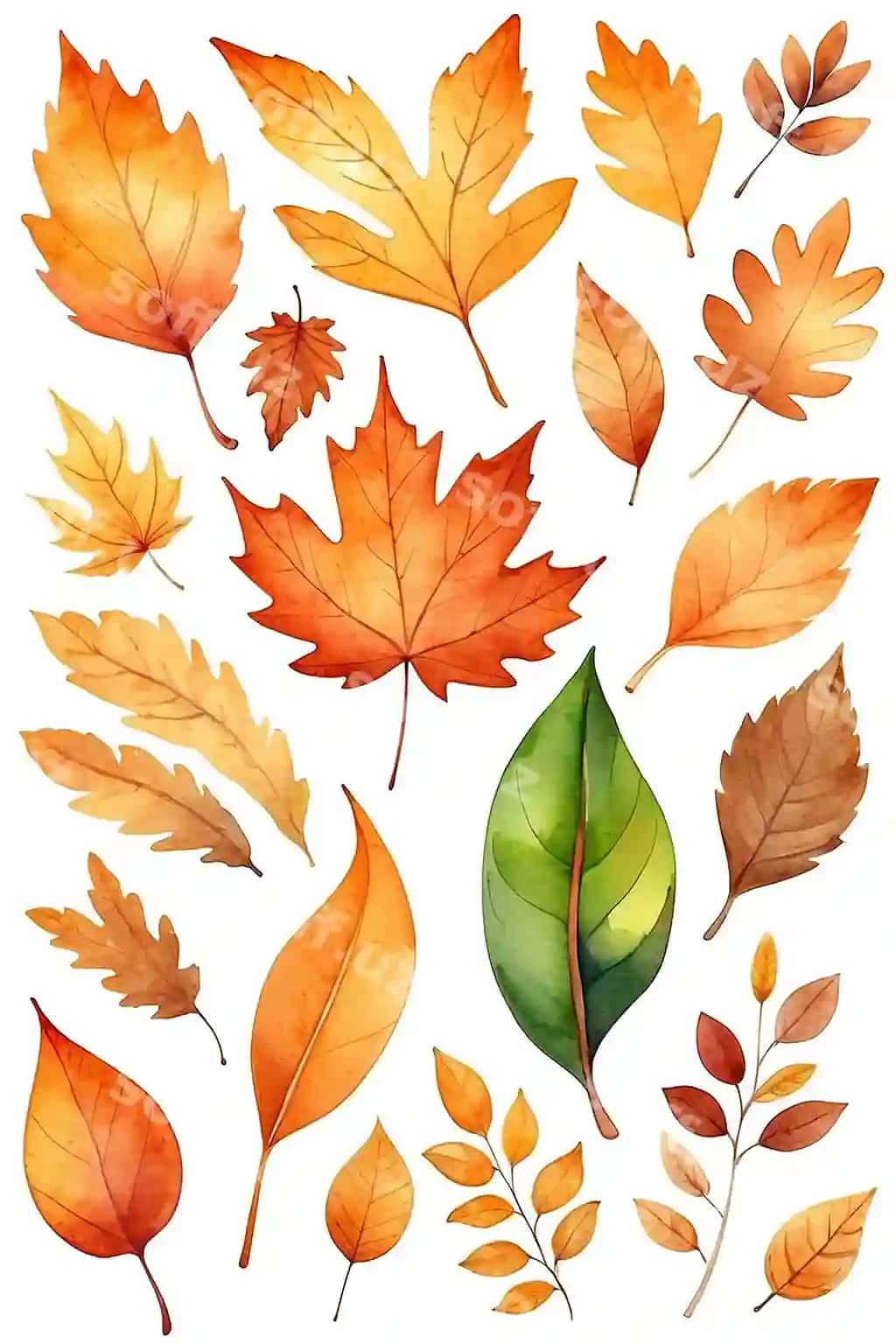 Kuz barglari komplekti suvarli boyash vektor apelsin mavsumiy grafik | Autumn leaves set watercolor vector orange seasonal graphic