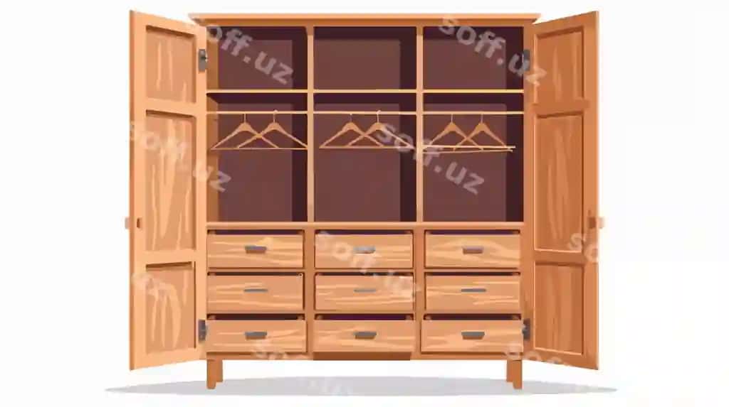 Zamonaviy yog'ochki shkaf vektor illustratsiyasi bo'sh dresser dizayni bilan | Modern wooden wardrobe vector illustration with empty dresser design