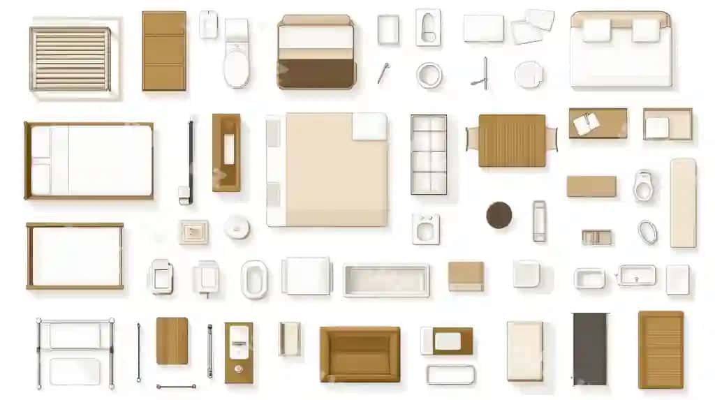 Yuqori ko'rinish mebla ikonkalari to'plami ichki dizayn | Top view furniture icons collection interior design