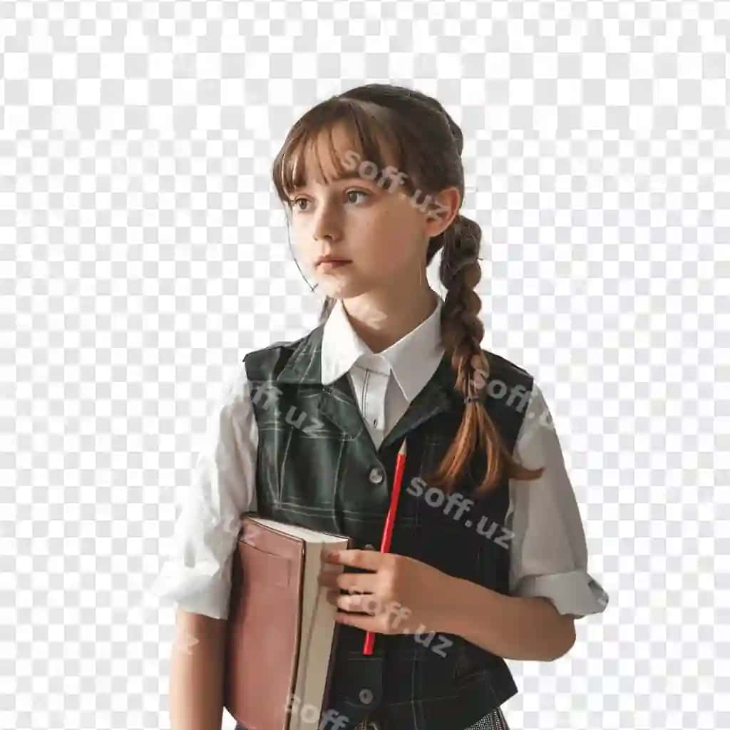 “Maktab” degan kitob tutgan qiz | Girl with book that says school