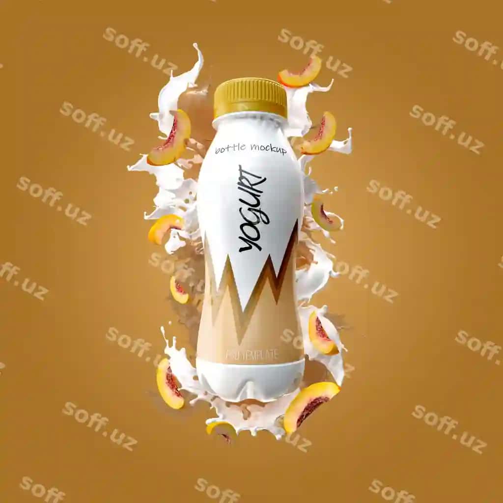 Yo'gurt shishasi splaysh o'rik namunasi | Yogurt bottle with splash peach mockup