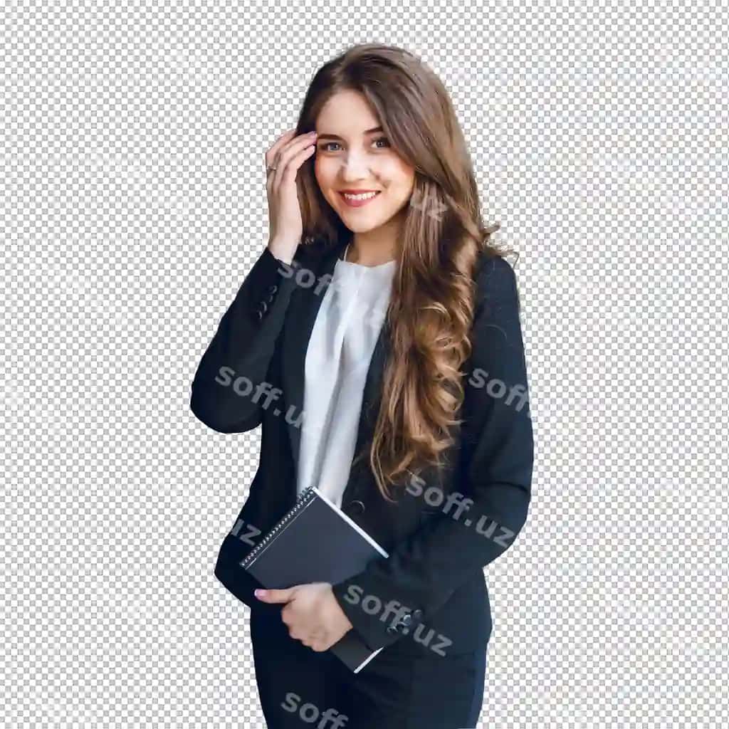 Qora sochli biznes xotira dalgali uzun sochga ega, ko'k ko'zlari o'z qo'lida tutadi. | Brunette businesswoman with wavy long hair blue eyes stands holding