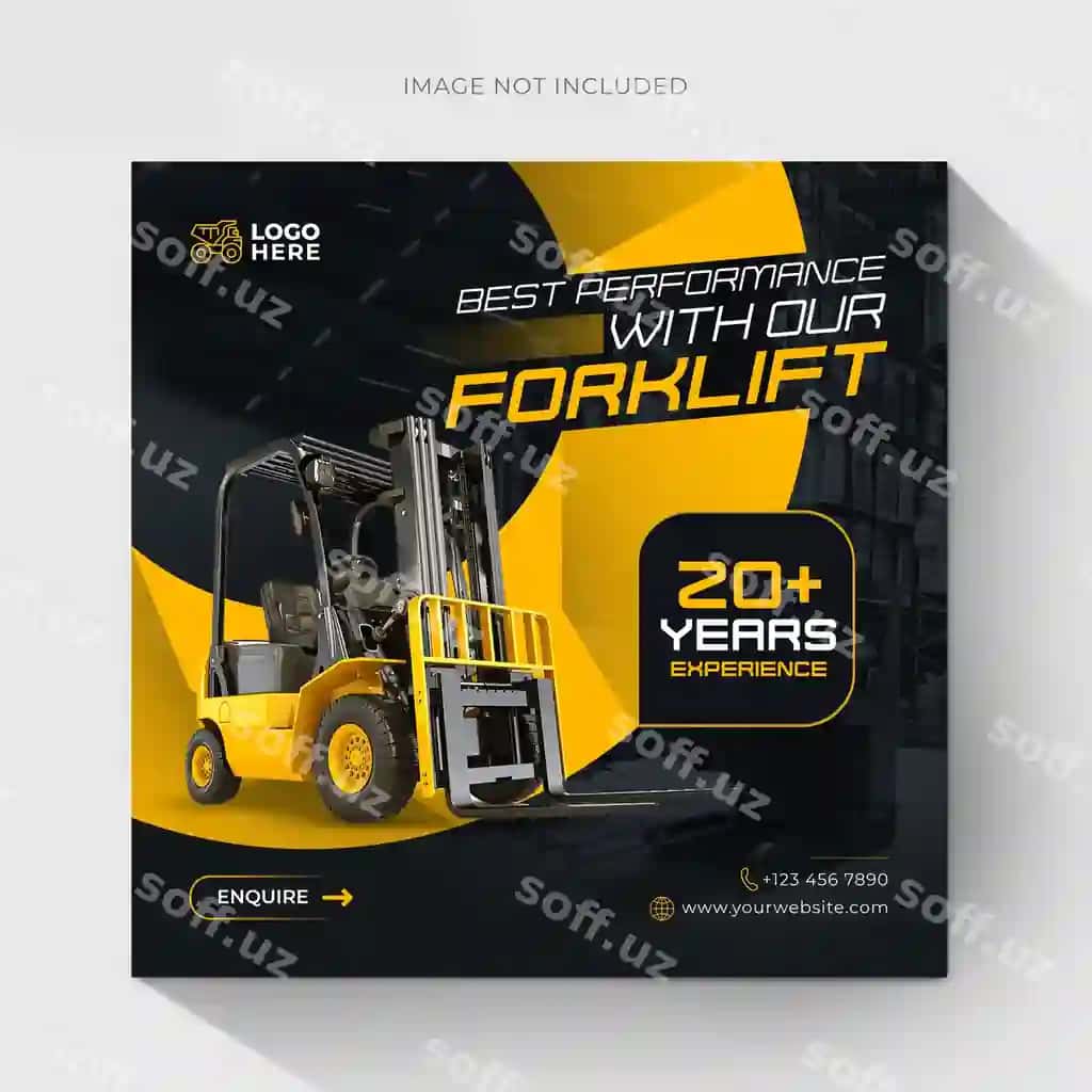 Ogʻir jihozlar forklifti ijtimoiy tarmoqlar post shablon dizayni | Heavy equipment forklift social media post template design