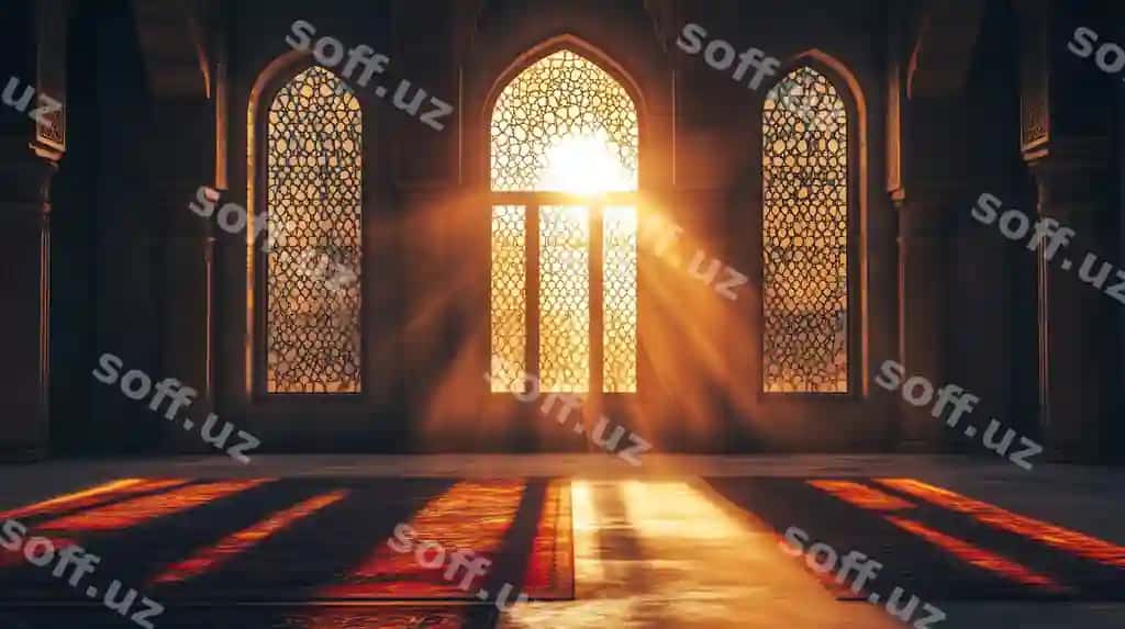 Oy yorqini islam masjidining ichki qismidagi derazadan o'tib yorqinlashadi. | Moon light shine through window islamic mosque interior