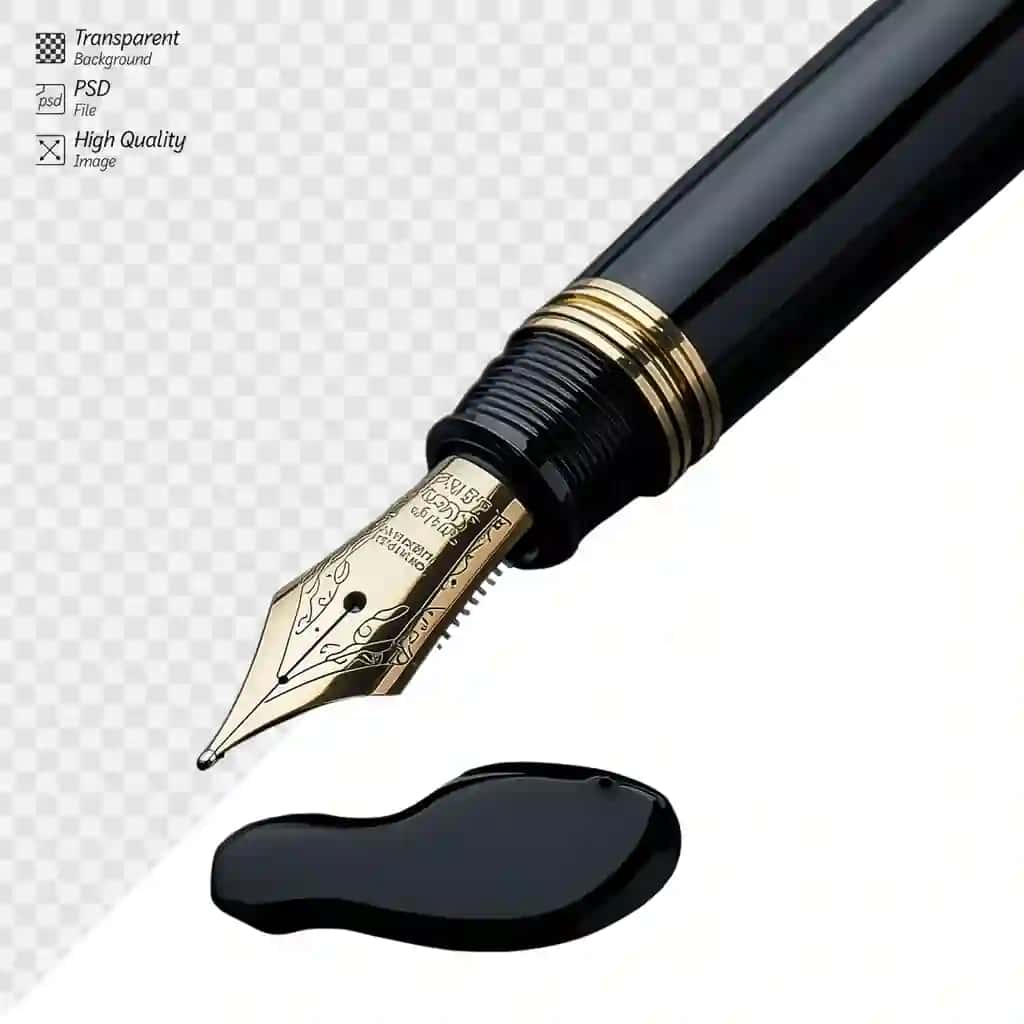 Closeup qora oltin favvora qalam uchi shaffof fon | Closeup black gold fountain pen nib transparent background