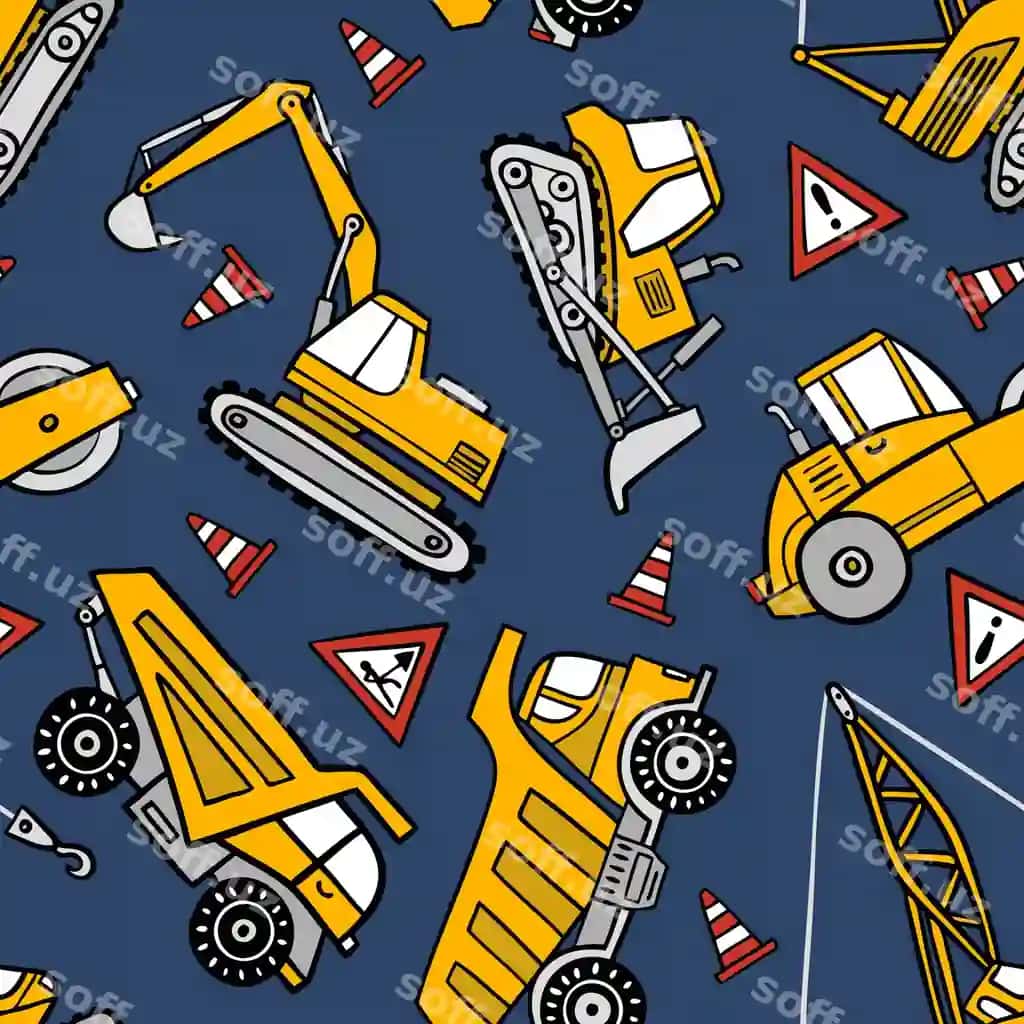 Qo'lda chizilgan qurilish yuk mashinalari buldozerlar yo'l qurilishi muammosiz | Hand drawn construction trucks bulldozers road construction seamless