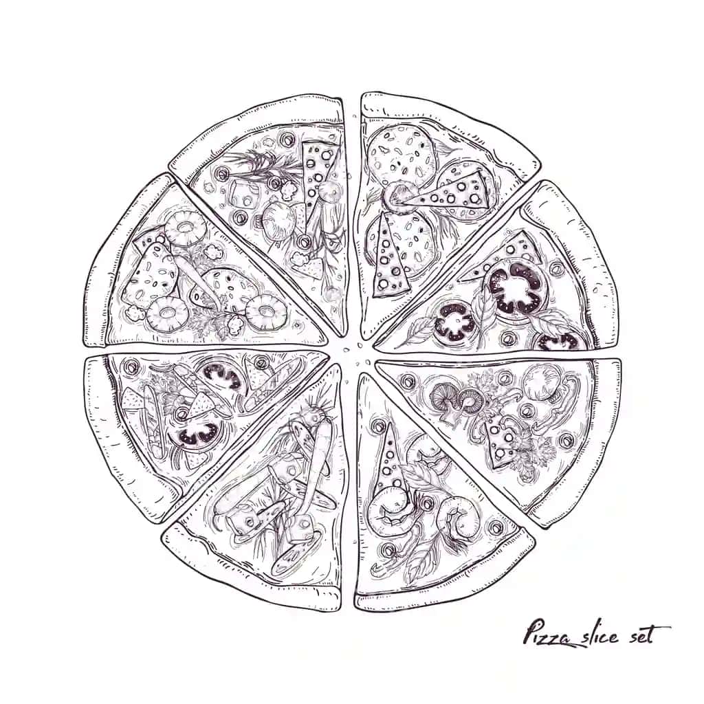 Pitsa sakkiz qismga bo'lingan, turli xil to'plamlar bilan ajralangan. | Pizza divided into eight slices with different toppings isolated
