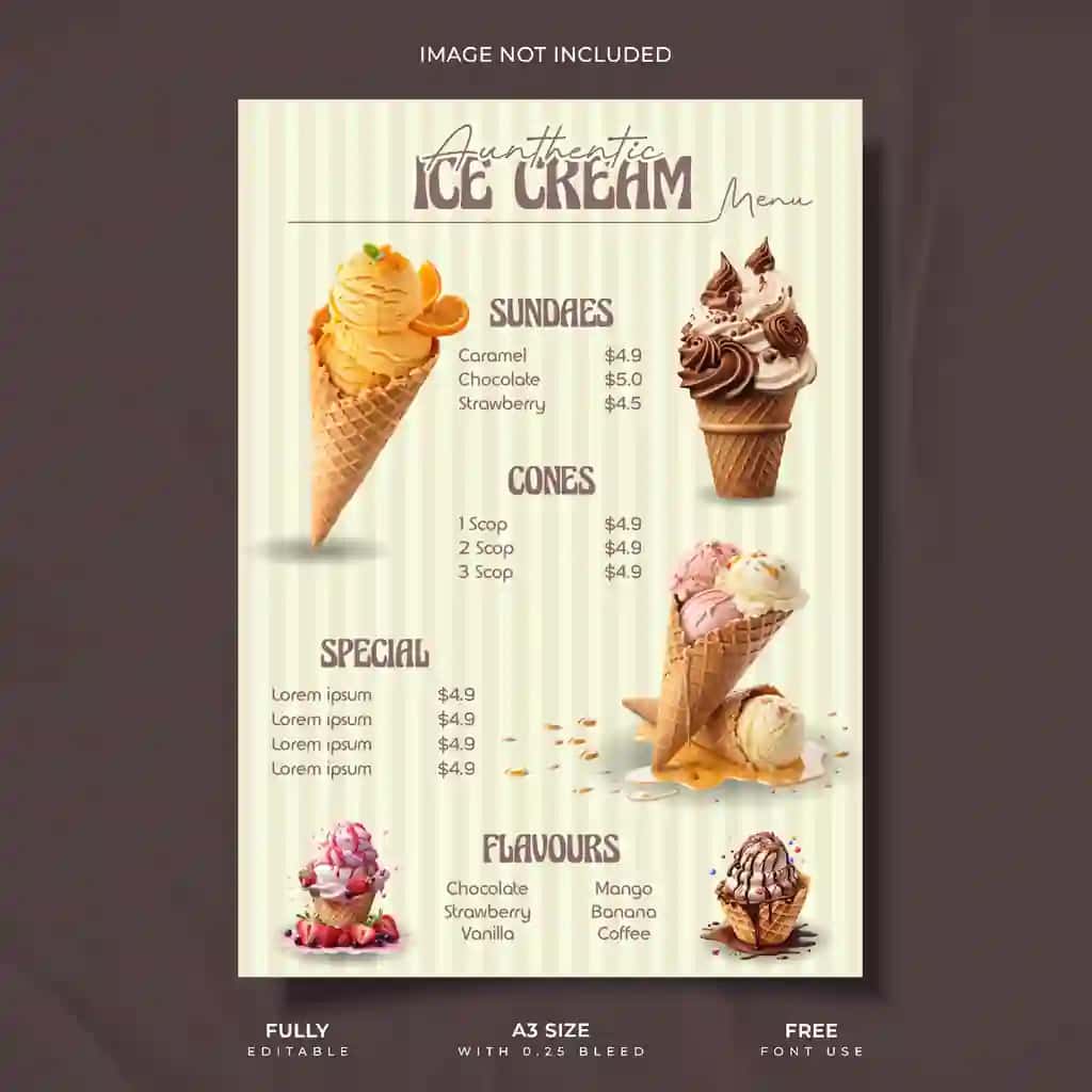 Ijodiy muzqaymoq menyu kartasi dizayni | Creative ice cream menu card design