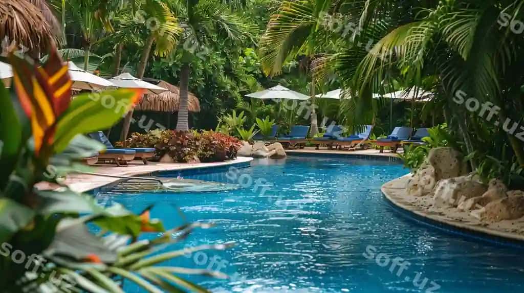 Mehmonxona hovuz maydoni o'z ichiga suzish bar va hashmatli o'tiruvchilar kirgan | Hotel pool area featuring swimup bar luxury loungers