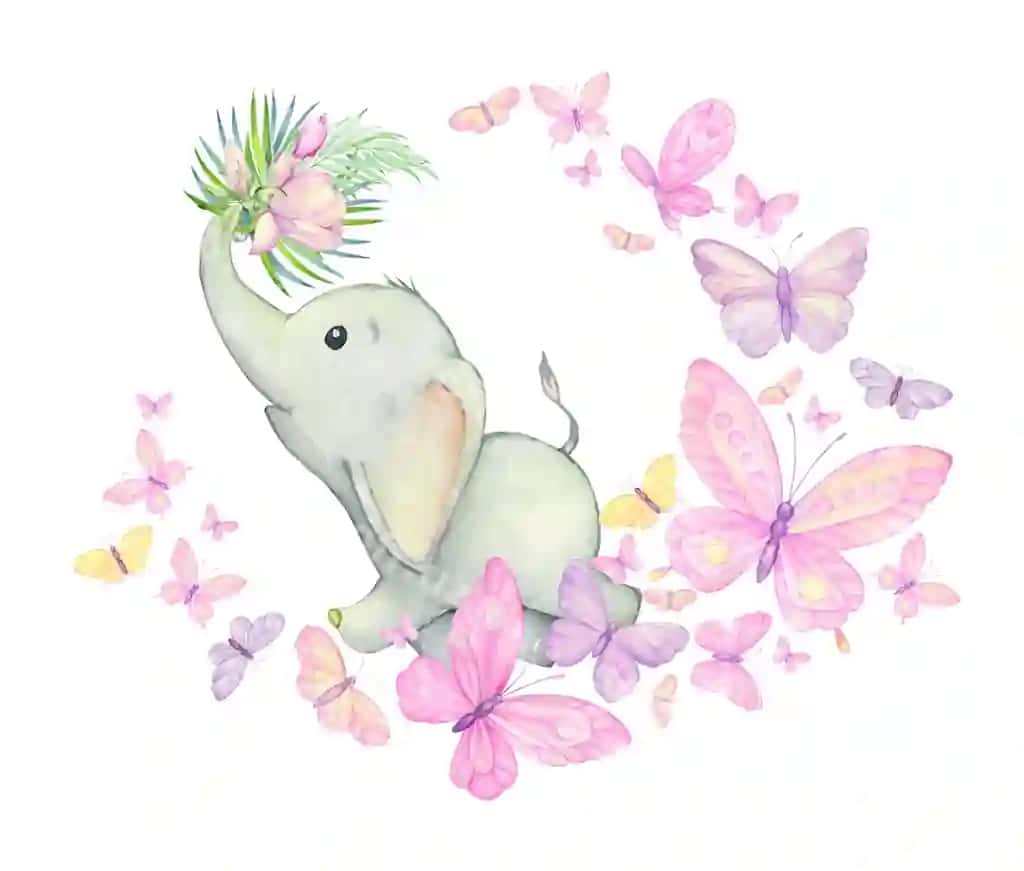 Kichkintoy fil akvarelda pushti guldasta ko'tarib yugurmoqda | Baby elephant is running carrying bouquet pink flowers watercolor