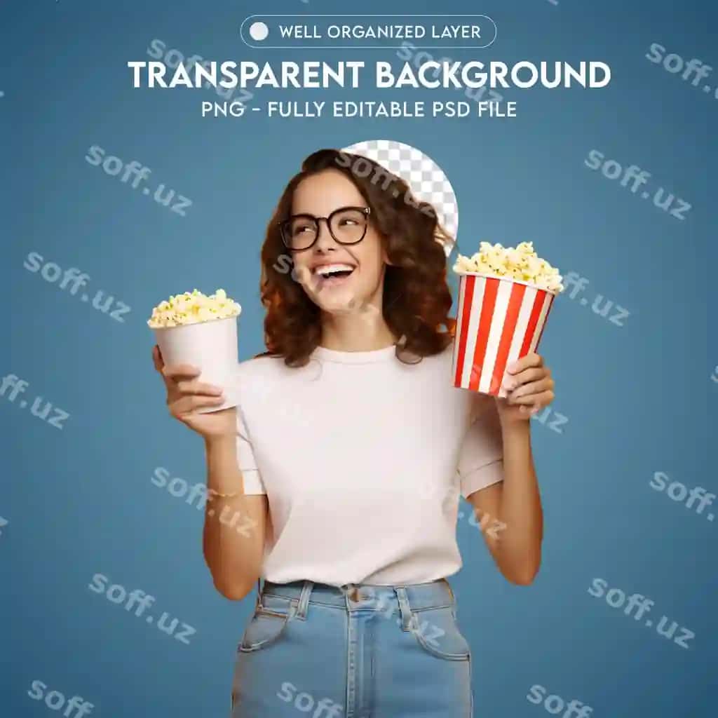 Psd ayol popkorn vedrolarini tutgan shaffof png | Psd woman holding popcorn buckets transparent png