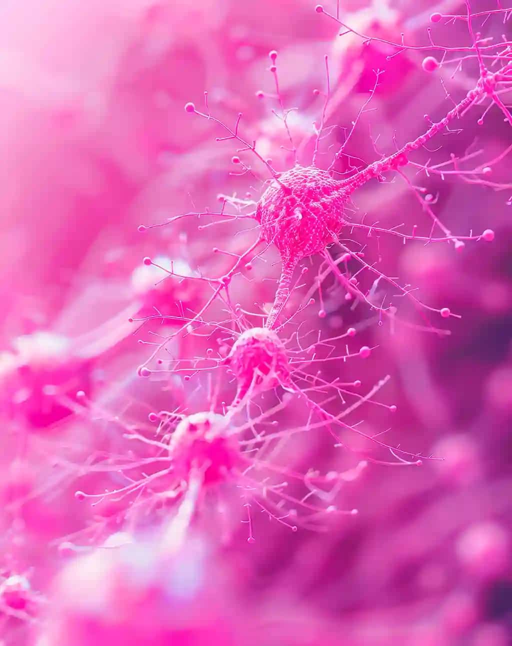 Neyron hujayralarining yaqinlashishi pushti rangda | Closeup neurons cells connections pink