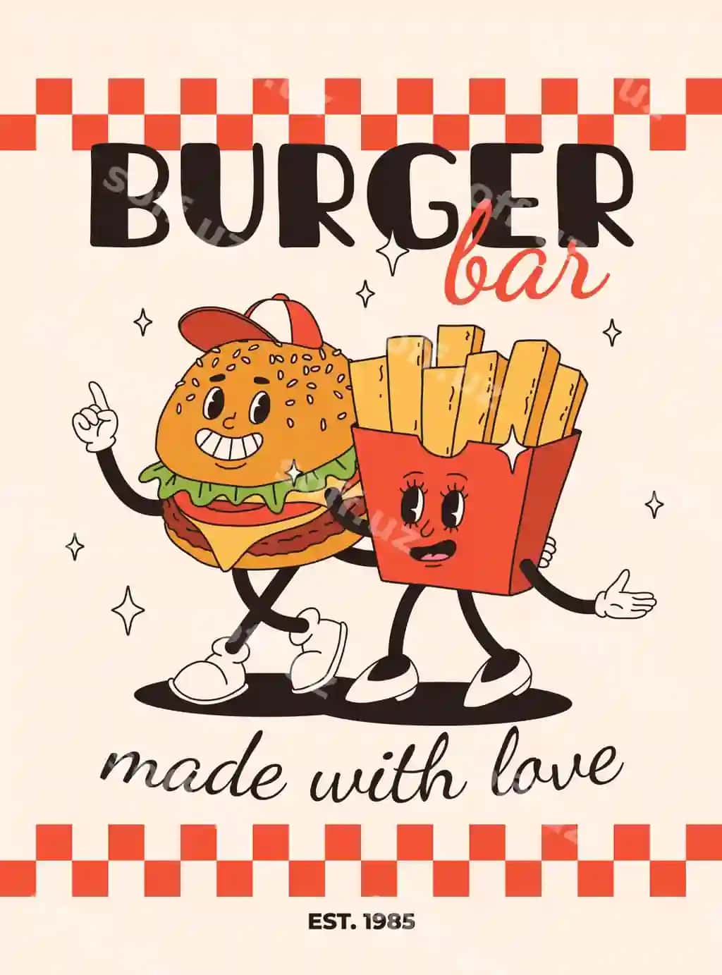 Multfilm fastfud afishasi, maskot taomlari qahramonlari bilan retro-g'aroyib kartalari | Cartoon fast food poster retro groovy cards with mascot food characters