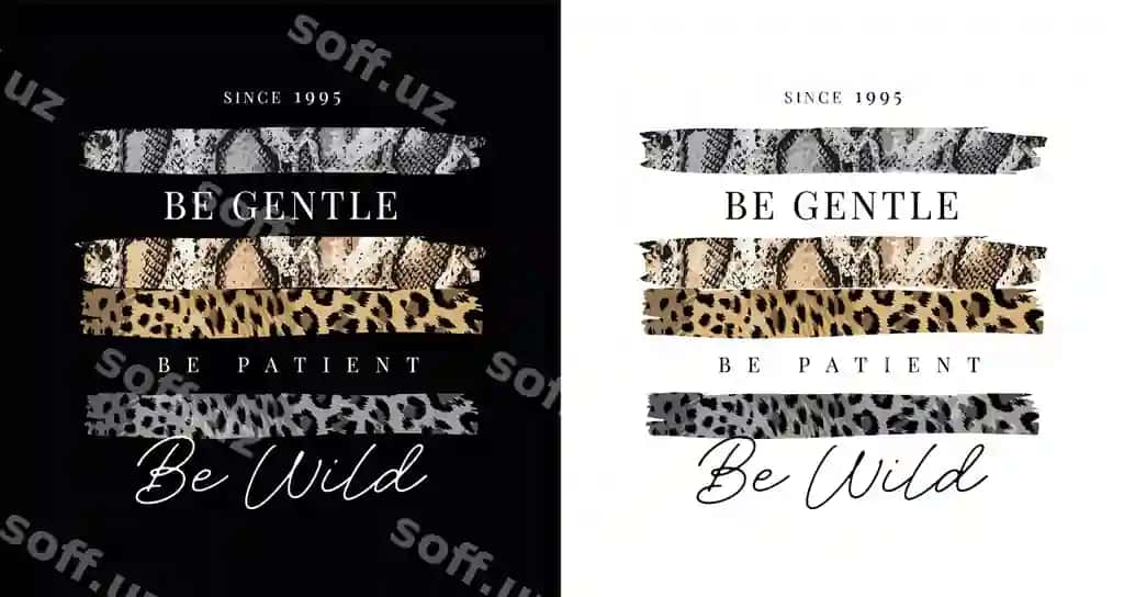 Tipografik slogan yovuz hayvonlar teri shablonlari qora oq fonda | Typography slogan with wild animal skin patterns black white background