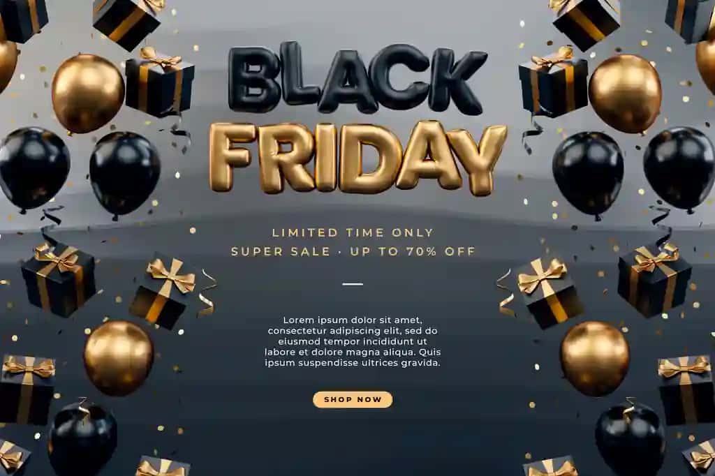 Qora juma bannerida oltin qora sovg'alar sharlar konfeti qorong'i | Black friday banner with gold black gifts balloons confetti dark