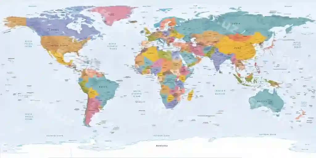 Siyosiy dunyo xaritasi teng to'g'ri burchakli proektsiyasi | Political world map equirectangular projection
