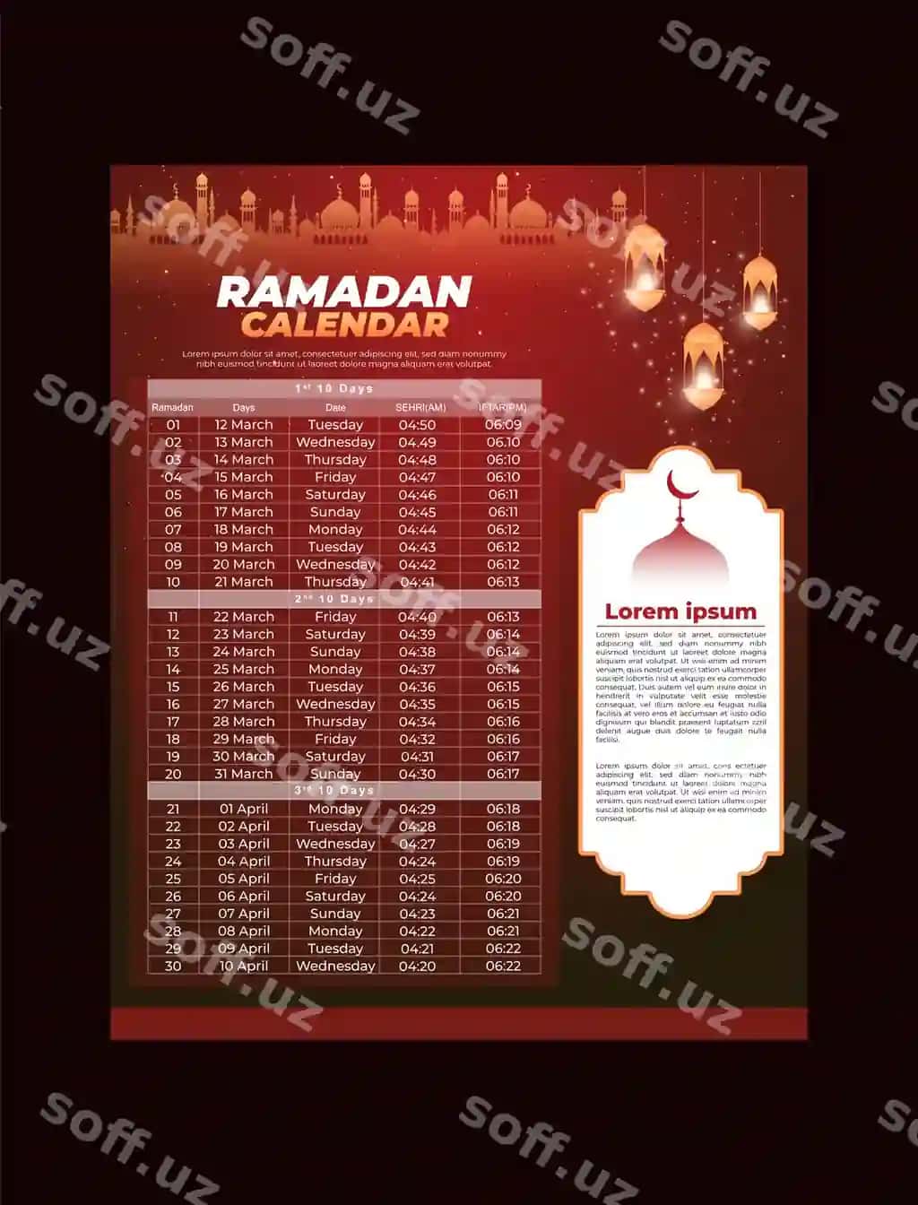 Ramazon kareem 2024 Islom kalendari shabloni Sehri va iftar vaqt jadvali | Ramadan kareem 2024 islamic calendar template sehri ifter time schedule