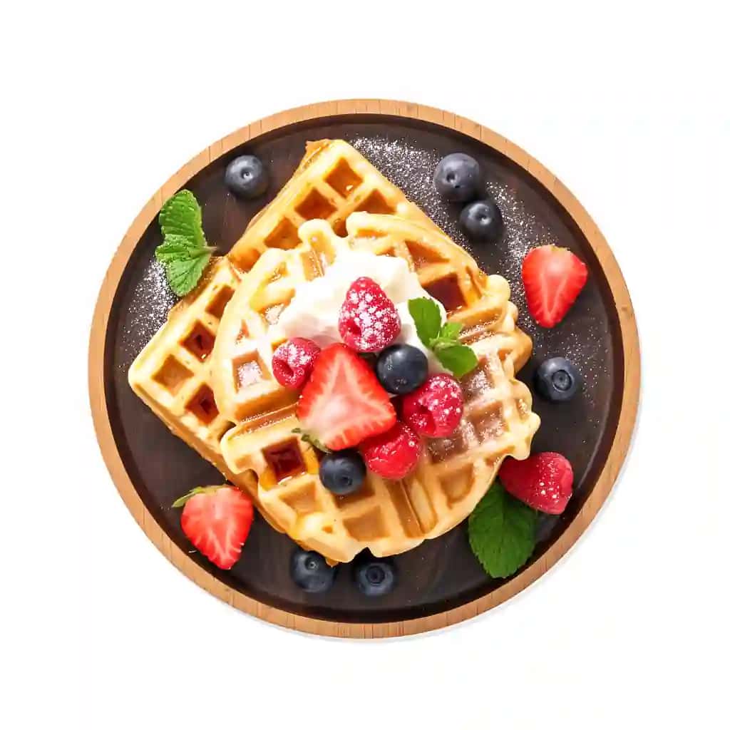Nonushta vafli mevali plastinka oq fonda | Breakfast waffle fruits plate white background