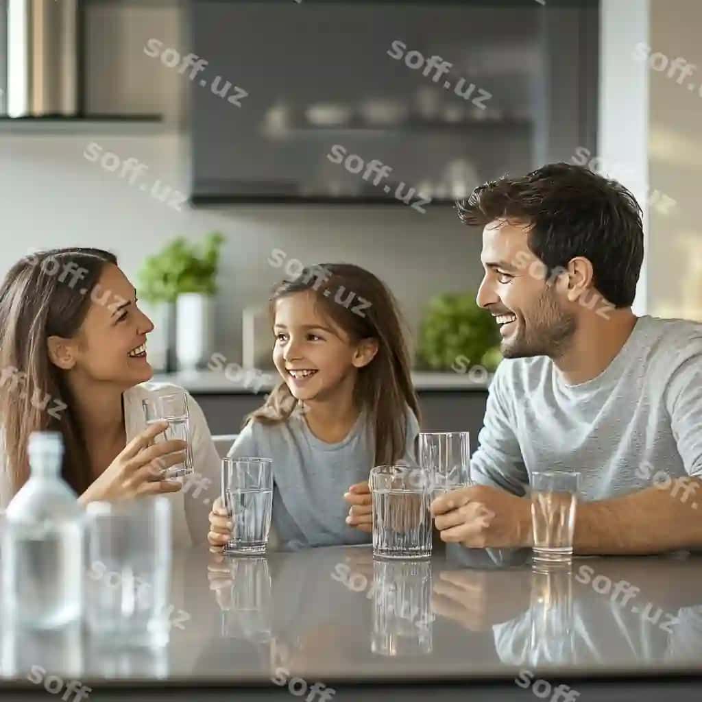 Baxtli yosh oila oshxona uyda suv ichmoqda, gulchiq ona, bobo, kelmachi qarashmoqda. | Happy young family drinking water kitchen home smiling mother father daughter looking