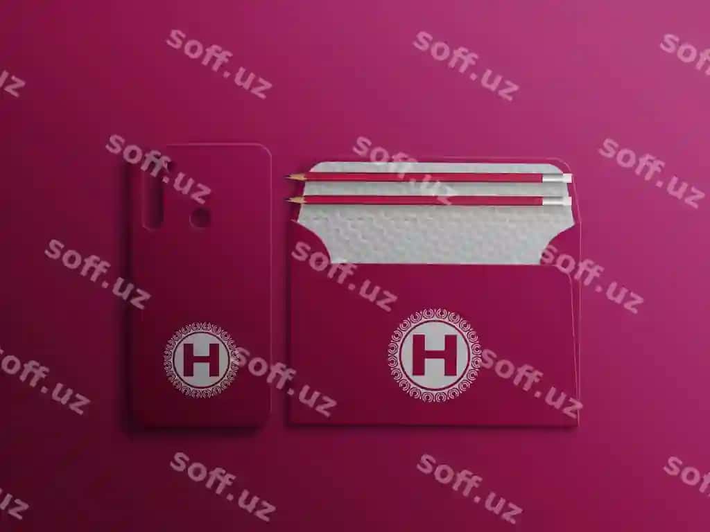 C5 konvert mobil rasmga oynali logotip mockup | C5 envelope open with mobile cover logo mockup