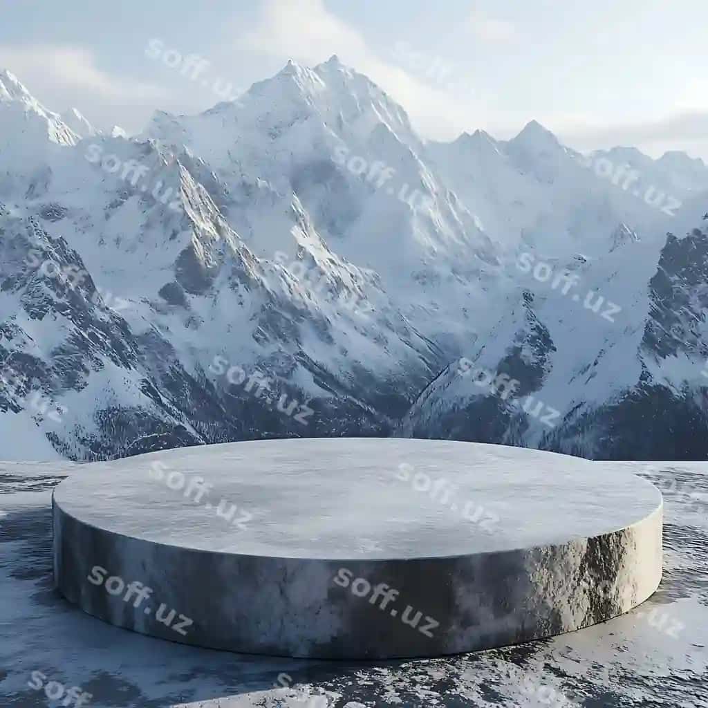 Podium orqa foni mahsulot namoyish prezentatsiyasi qorqoq to'g'ri manzarasi orqa fon bilan | Podium backdrop product display presentation with snowy mountain landscape background