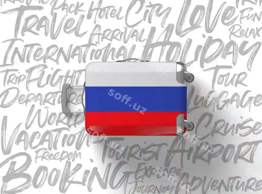 Rusiya bayroqi qozon sayohat fon 3D render | Russia flag suitcase travel background d render
