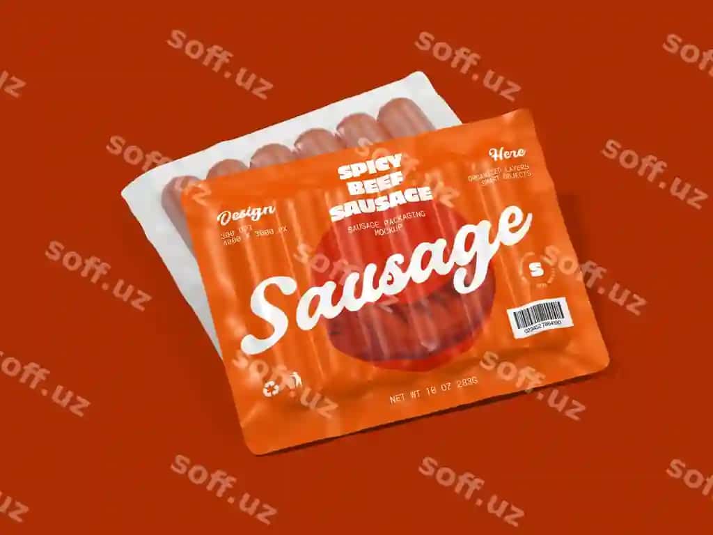 3D renderlangan vakuumli muhrlangan kolbasa qadoqlash maketi | 3d rendered vacuum sealed sausage packaging mockup