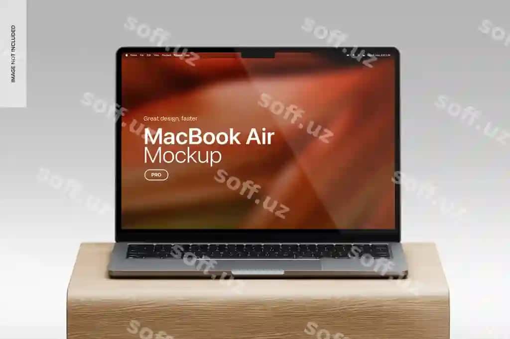 Macbook air yog'och yuzasi maketi old ko'rinishi | Macbook air wooden surface mockup front view