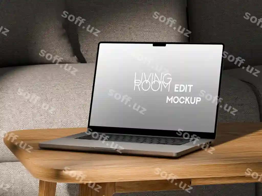Noutbuk maketi yashash xonasining yog'och stoli | Laptop mockup living room wooden table