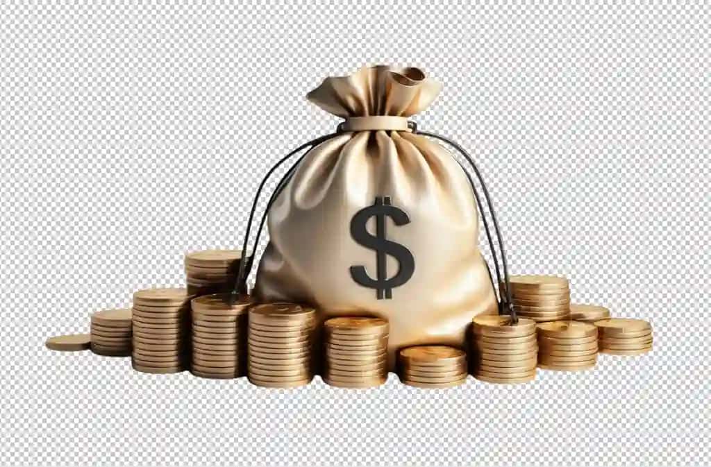 Haqiqiy 3D renderli tangalar bilan pul sumkasi | Money bag with stacked coins realistic 3d render