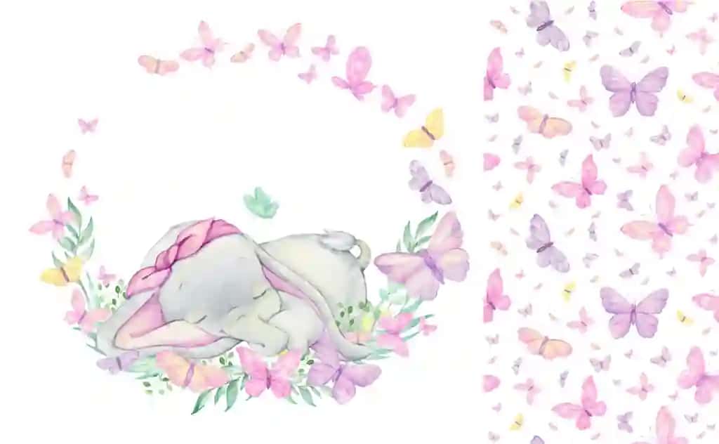 Yoqimli fil chaqaloq kapalaklar bilan o'ralgan o'simliklar akvarelda uxlab yotgan | Cute baby elephant surrounded by butterflies plants sleeping watercolor