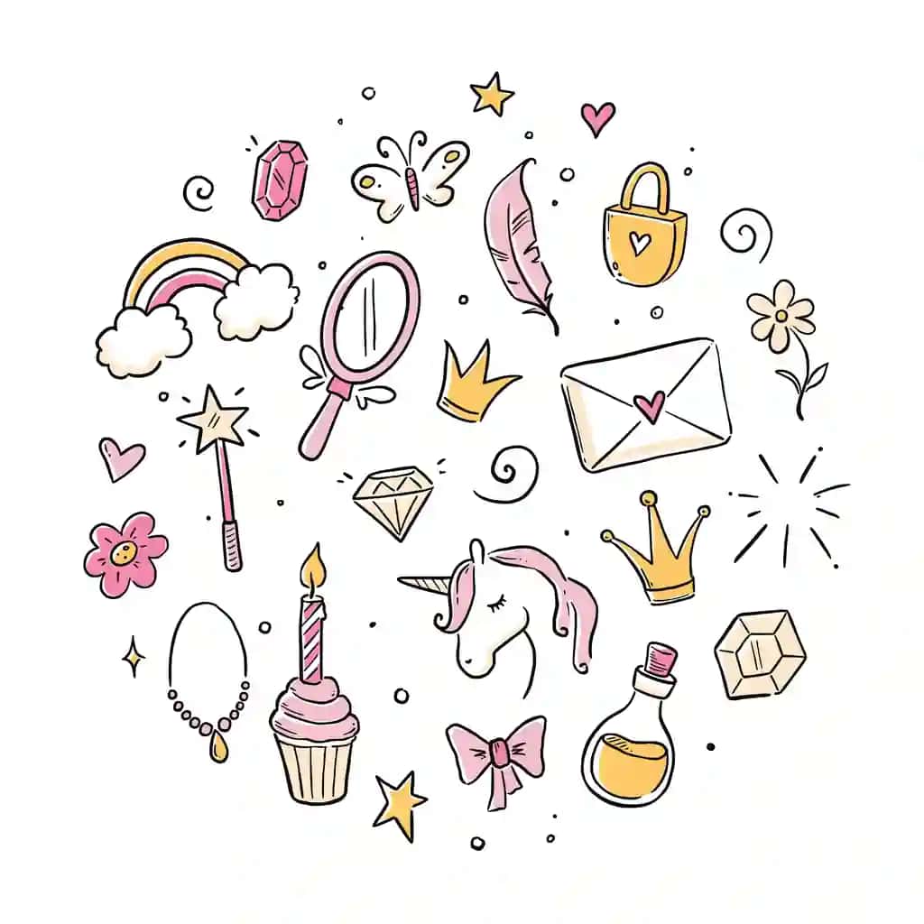 Qo'lda chizilgan malika doodle to'plami go'zallik yoqimli qiz malika aksessuarlari | Hand drawn princess doodle set beauty cute girl princess accessories