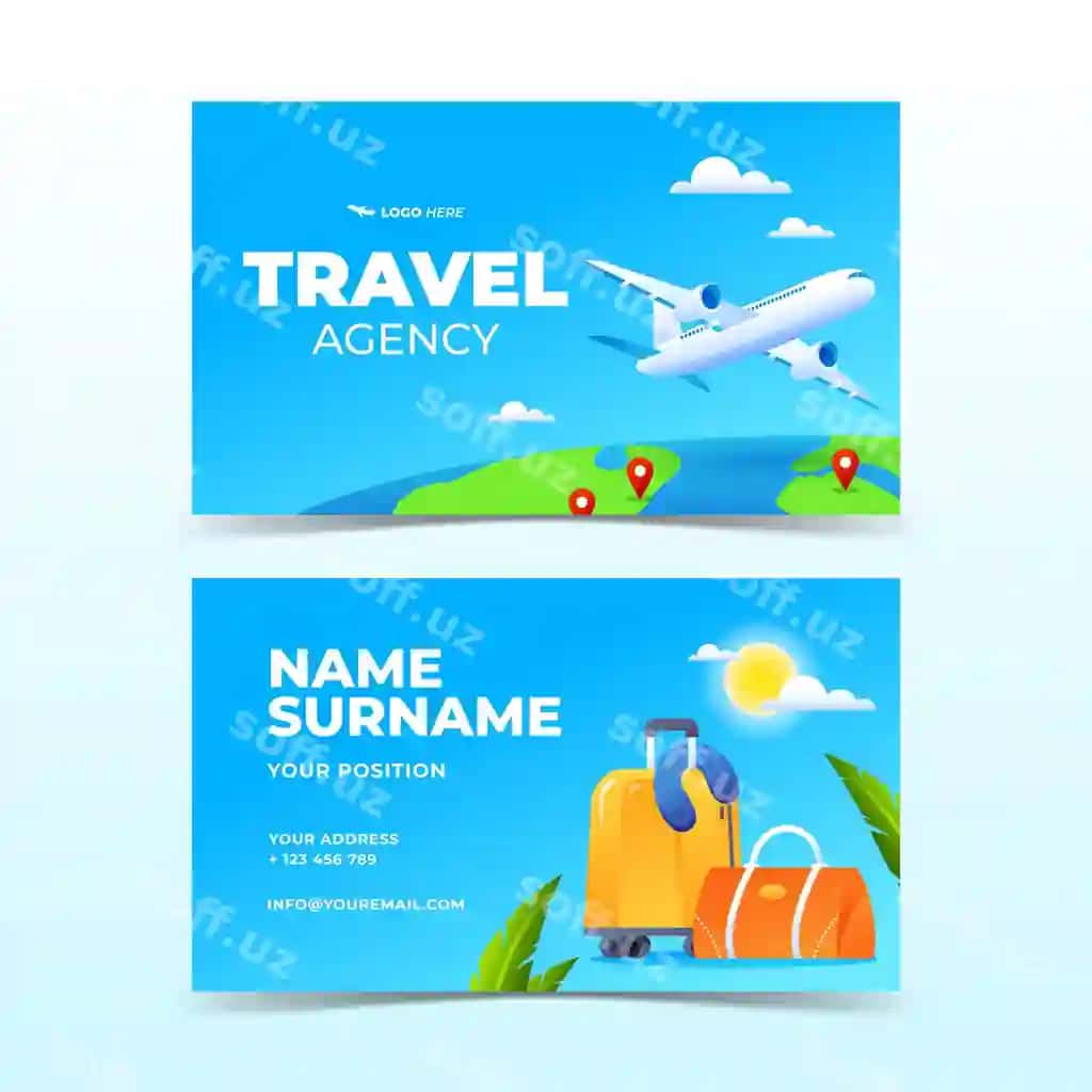 Gradient goxorizontal biznes karta shabloni sayohat agentligi | Gradient horizontal business card template travel agency