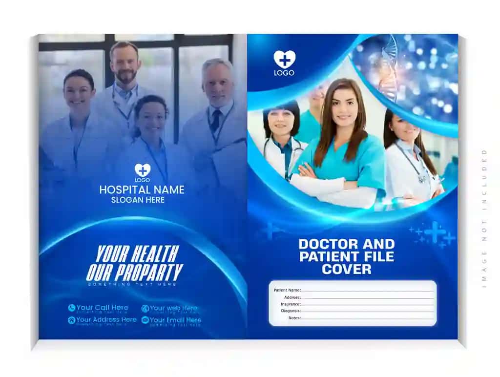 Sog'liqni saqlash mutaxassislari bilan professional tibbiy fayl qopqog'i shabloni | Professional medical file cover template with healthcare professionals