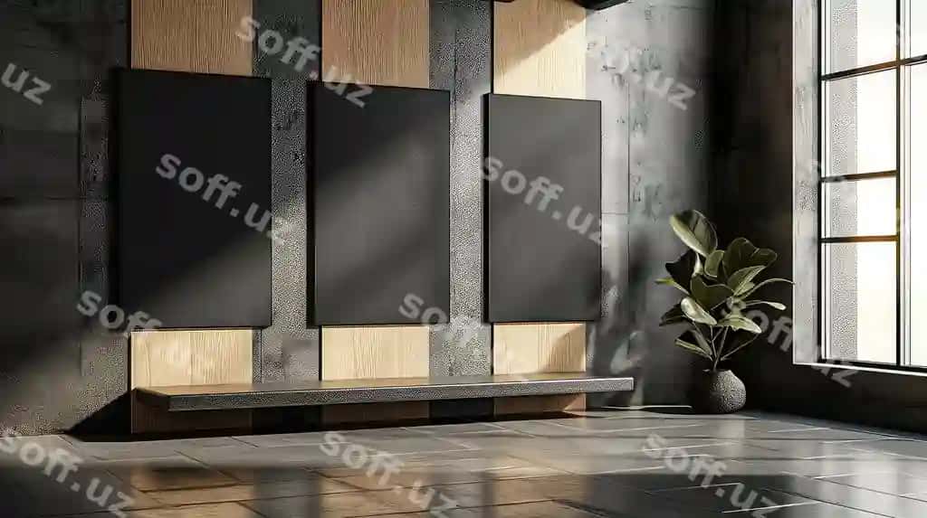 Zamonaviy galereya uchta qora paxfli ramkalar va teksturali devor | Contemporary gallery with triple black canvas frames textured wall