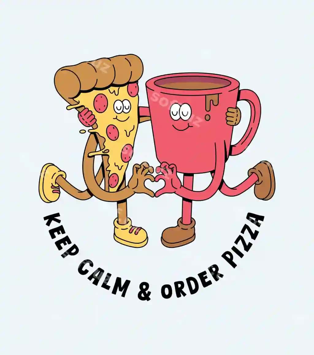 Pizza qahva retro multfilmi illyustratsiyasi | Pizza coffee retro cartoon illustration