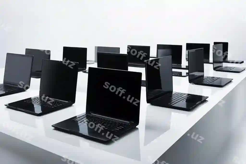 Joylashuv bir nechta qora noutbuklar minimalistik oq stol zamonaviy ishlash joyi | Arrangement several black laptops minimalist white table modern workspace