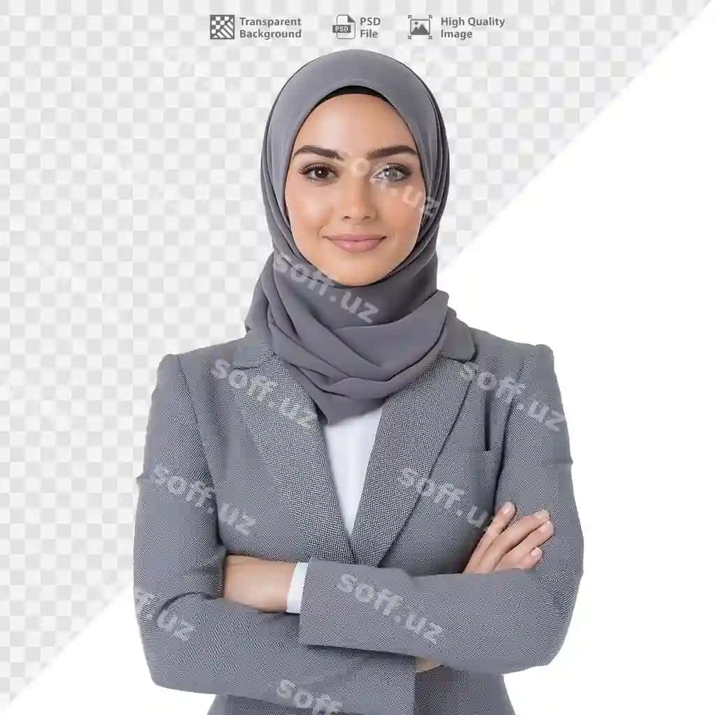 Kulrang hijobli shaffof fon bilan professional ayol biznes kiyimi | Professional woman business attire with grey hijab transparent background