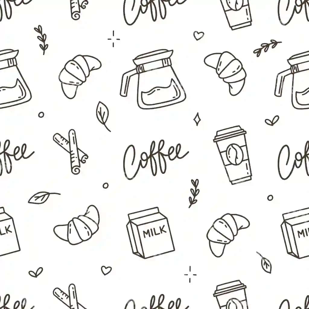 Turk loviya kruvasanlari bilan kofe naqshli vektor tasviri | Coffee pattern with turkish beans croissants vector illustration