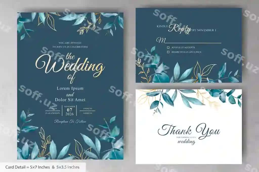 Oqlangan akvarel to'y taklifnomasi shablonini o'rnating | Set elegant watercolor wedding invitation card template
