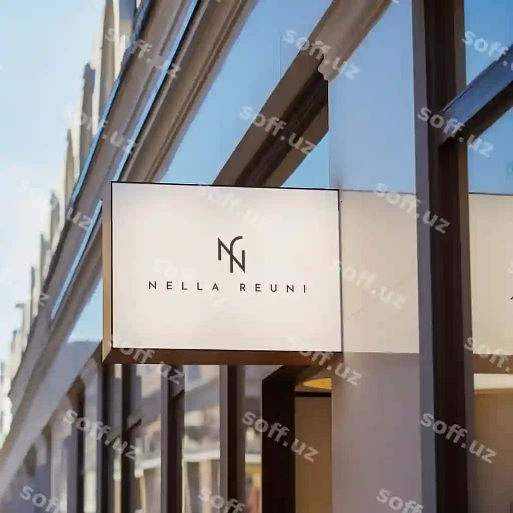 Zamonaviy logotip namunasi oq ashangan belgi ko'cha do'koni | Modern logo mockup white hang sign street storefront