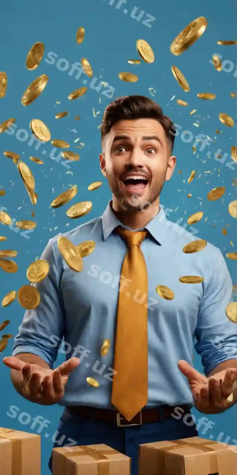 Er ko'k futbolkani o'tpash tiyanglar bilan kiyib beradi. | Man is wearing blue shirt with gold coins it