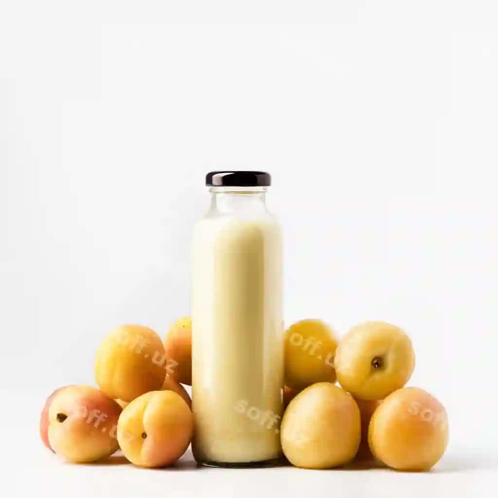 Old ko'rinishda shaftoli solingan shaffof sharbat shishasi | Front view clear juice bottle with peaches