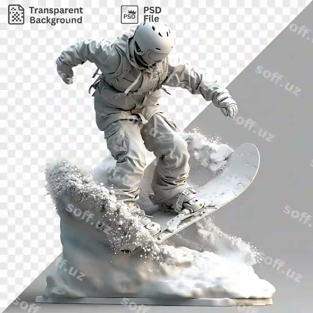 3d snoubordchi qorliq eğimda oq-qora kask va oq-kulrang ranglarda kiygan | 3d snowboarder snowy slope wearing black white helmet white gray